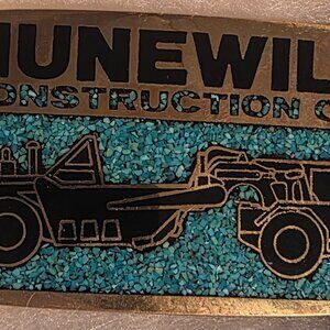 Vintage Metal Belt Buckle, Solid Brass, Blue Crushed Turquoise Stones, Hunewill